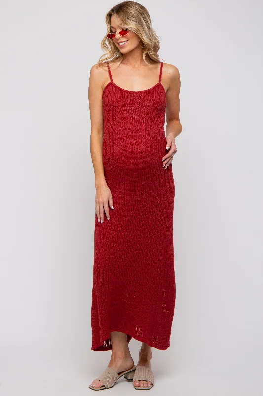 Maternity dress for a coastal vacation Rust Open Knit Crochet Maternity Midi Dress