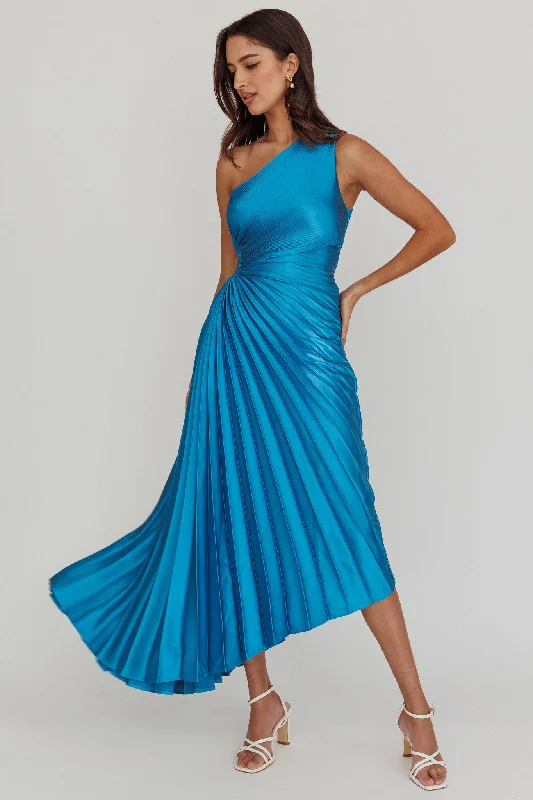 Midi dresses with patchwork patterns for a one - of - a - kind style Brooklynn One-Shoulder Accordion Pleat Satin Midi Dress Teal Midi dresses with patchwork patterns for a one - of - a - kind style Brooklynn One-Shoulder Accordion Pleat Satin Midi Dress Teal