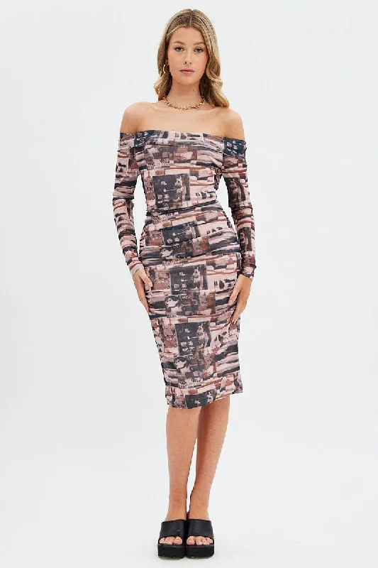 Midi dresses with wrap - around skirts for a customizable fit Brown Print Midi Dress Bardot Off Shoulder Bodycon Ruched Midi dresses with wrap - around skirts for a customizable fit Brown Print Midi Dress Bardot Off Shoulder Bodycon Ruched