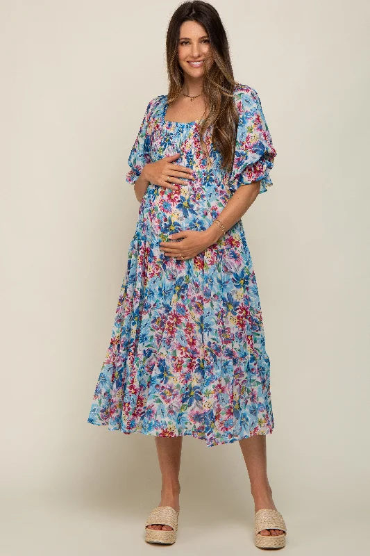 Maternity dress for a winter wonderland event Blue Floral Shimmer Chiffon Ruffle Square Neck Smocked Maternity Midi Dress Maternity dress for a winter wonderland event Blue Floral Shimmer Chiffon Ruffle Square Neck Smocked Maternity Midi Dress