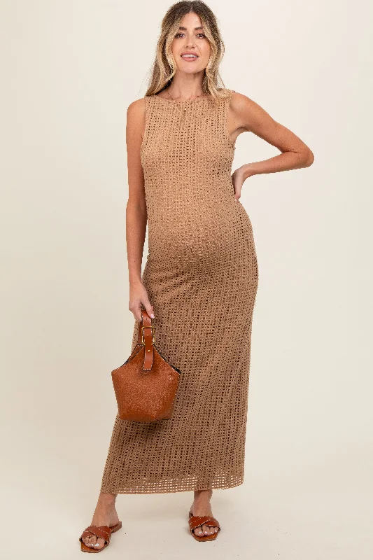 Maternity dress for a mountain getaway Taupe Fish Net Knit Maternity Dress