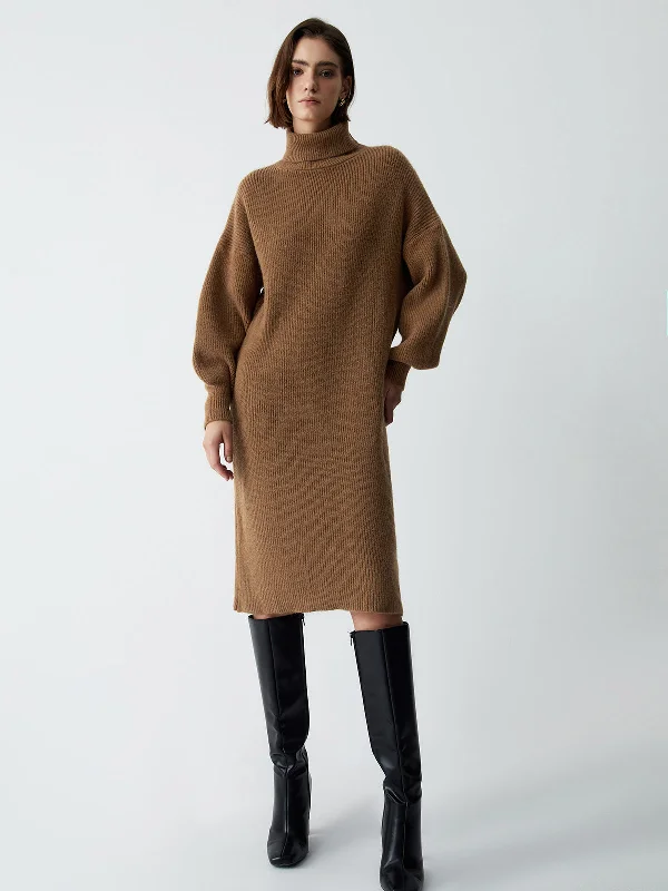Midi dresses with sheer panels for a touch of allure BerryBetty - Terracotta Turtleneck Long Sleeve Midi Sweater Dress