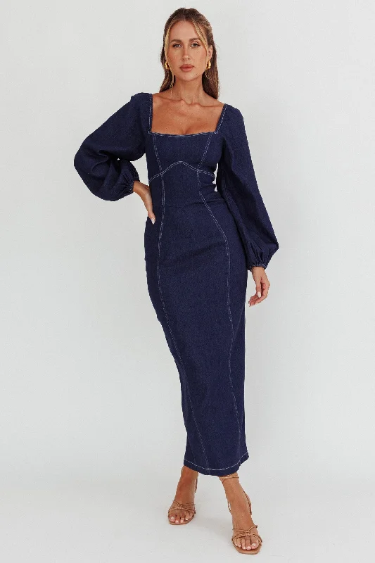 Midi dresses with pleated skirts for a timeless and elegant appeal Bay Side Long Sleeve Denim Midi Dress Indigo Midi dresses with pleated skirts for a timeless and elegant appeal Bay Side Long Sleeve Denim Midi Dress Indigo