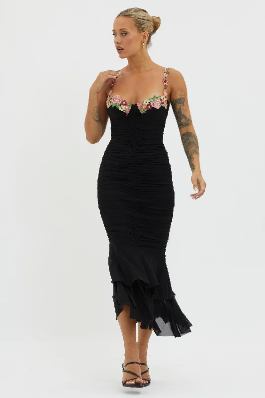 Midi dresses with cold - shoulder cutouts for a trendy style Rose Garden Ruched Mesh Midi Dress Black Midi dresses with cold - shoulder cutouts for a trendy style Rose Garden Ruched Mesh Midi Dress Black