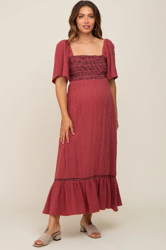 Maternity dress for a shopping spree Burgundy Embroidered Smocked Square Neck Open Back Maternity Midi Dress Maternity dress for a shopping spree Burgundy Embroidered Smocked Square Neck Open Back Maternity Midi Dress