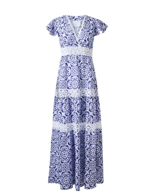  Blue Print Linen Maxi Dress