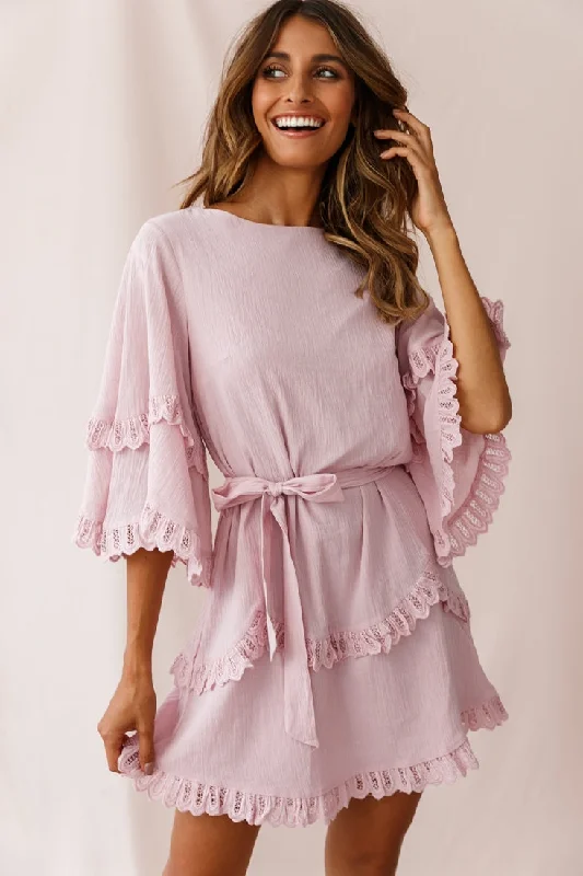 Mini dresses with fringe for a bohemian style Talitha Waist Tie Lace Trim Dress Blush Mini dresses with fringe for a bohemian style Talitha Waist Tie Lace Trim Dress Blush