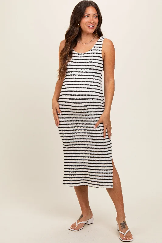 Maternity dress for a baby's first visit to the magic show Black Striped Side Slit Maternity Midi Dress Maternity dress for a baby's first visit to the magic show Black Striped Side Slit Maternity Midi Dress