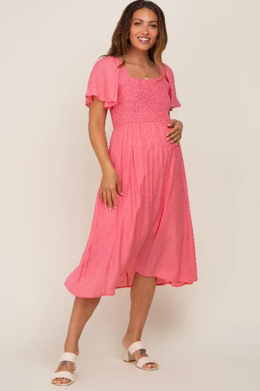 Maternity dress with side ruching to accommodate bump Coral Smocked Square Neck Flutter Short Sleeve Maternity Midi Dress Maternity dress with side ruching to accommodate bump Coral Smocked Square Neck Flutter Short Sleeve Maternity Midi Dress