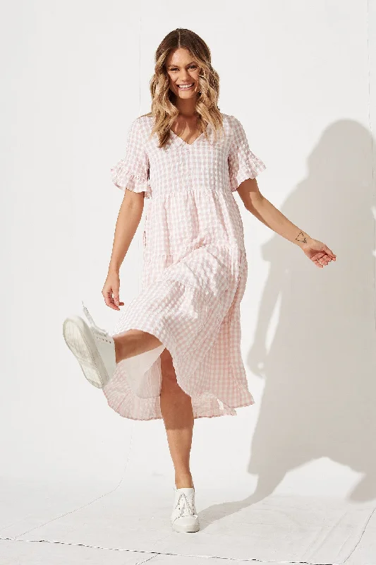 Everyday Dress with Convertible Design for Multiple Looks Kristen Midi Smock Dress In Blush Gingham Everyday Dress with Convertible Design for Multiple Looks Kristen Midi Smock Dress In Blush Gingham