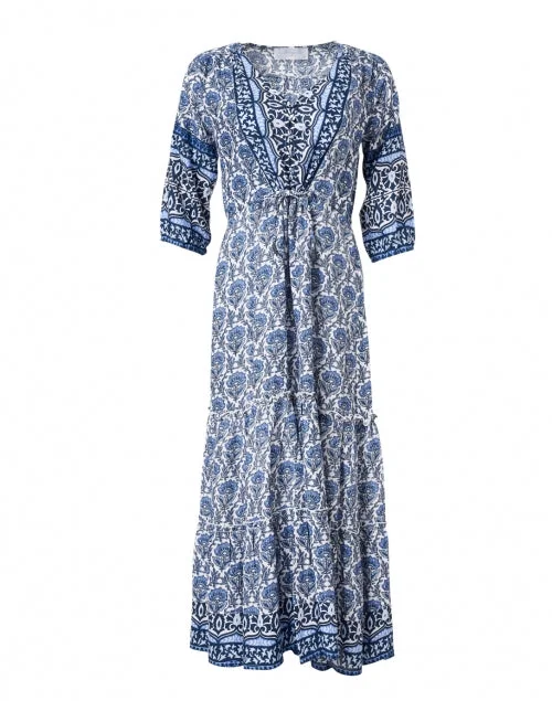 Everyday Dress with Stretch - knit Fabric for Easy Movement Carrie Navy Printed Midi Dress Everyday Dress with Stretch - knit Fabric for Easy Movement Carrie Navy Printed Midi Dress