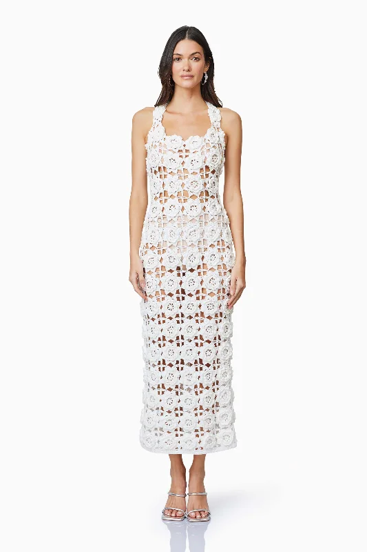 Midi dresses with ruffled bodices for a more pronounced feminine look Elise Crochet Midi Dress in White Midi dresses with ruffled bodices for a more pronounced feminine look Elise Crochet Midi Dress in White