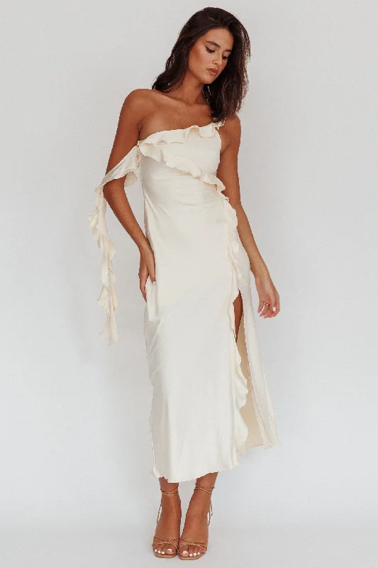 A - line midi dresses with floral prints for spring brunches Like Yesterday Satin Ruffle Midi Dress Butter A - line midi dresses with floral prints for spring brunches Like Yesterday Satin Ruffle Midi Dress Butter