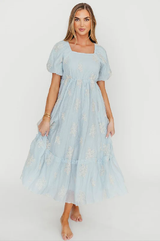 Midi dresses with patchwork patterns for a one - of - a - kind style Hallie Embroidered Maxi Dress in Powder Blue - Bump Friendly & Inclusive Sizing (S-3XL) Midi dresses with patchwork patterns for a one - of - a - kind style Hallie Embroidered Maxi Dress in Powder Blue - Bump Friendly & Inclusive Sizing (S-3XL)