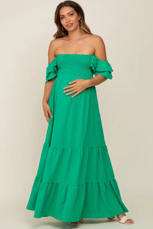 Maternity dress for a baby's dedication Green Smocked Ruffle Off Shoulder Tiered Maternity Maxi Dress Maternity dress for a baby's dedication Green Smocked Ruffle Off Shoulder Tiered Maternity Maxi Dress