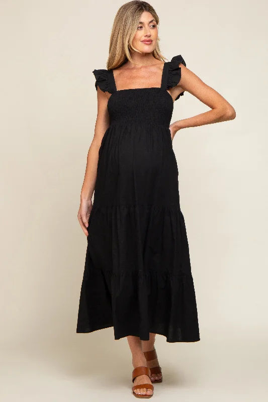 Maternity dress for a baby's first visit to the flower garden Black Sleeveless Tiered Maternity Maxi Dress Maternity dress for a baby's first visit to the flower garden Black Sleeveless Tiered Maternity Maxi Dress