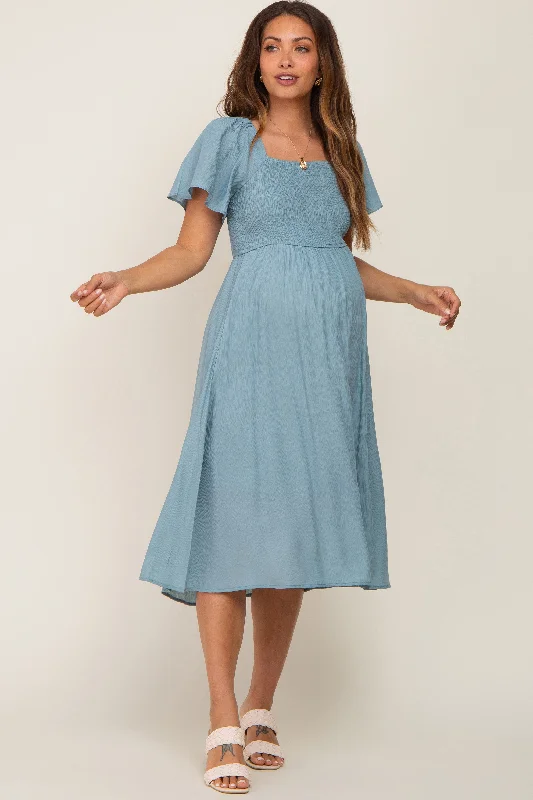 Maternity dress for a mountain getaway Light Blue Smocked Square Neck Flutter Short Sleeve Maternity Midi Dress Maternity dress for a mountain getaway Light Blue Smocked Square Neck Flutter Short Sleeve Maternity Midi Dress