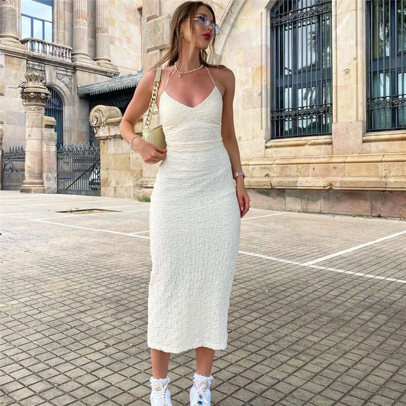 Midi dresses with button - front designs for a classic touch BerryBetty - Sweet Textured Split Trim Low Back Sleeveless Halter Midi Dress - White