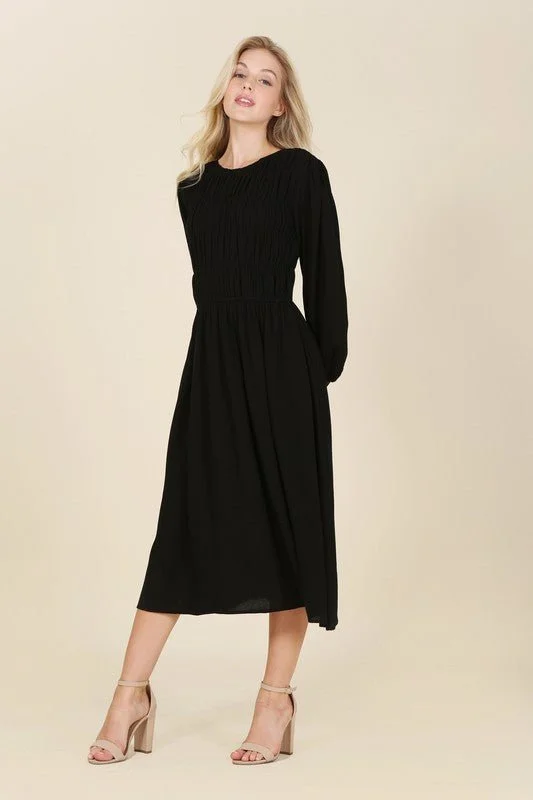 High - low midi dresses with geometric patterns for a modern party Long Sleeve Smocked Midi Dress High - low midi dresses with geometric patterns for a modern party Long Sleeve Smocked Midi Dress