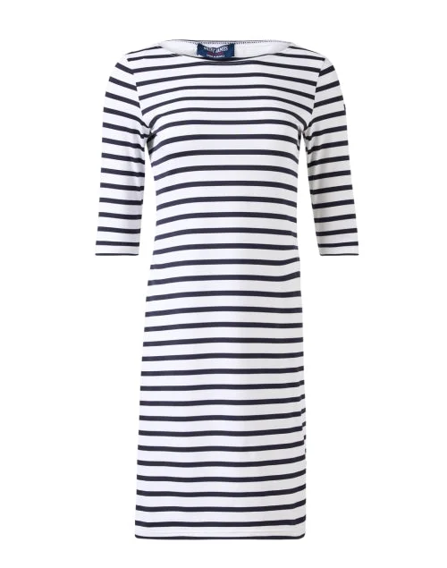 Everyday Dress with Raglan Sleeves for a Comfortable Fit Propriano White and Navy Striped Dress Everyday Dress with Raglan Sleeves for a Comfortable Fit Propriano White and Navy Striped Dress