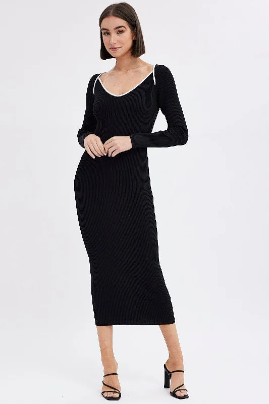 Midi dresses with fringe details for a fun and energetic style Black Midi Dress Long Sleeve Sweetheart Contrast Bind Midi dresses with fringe details for a fun and energetic style Black Midi Dress Long Sleeve Sweetheart Contrast Bind