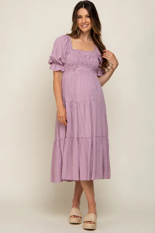 Maternity dress for a baby's first haircut Mauve Swiss Dot Smocked Maternity Midi Dress Maternity dress for a baby's first haircut Mauve Swiss Dot Smocked Maternity Midi Dress