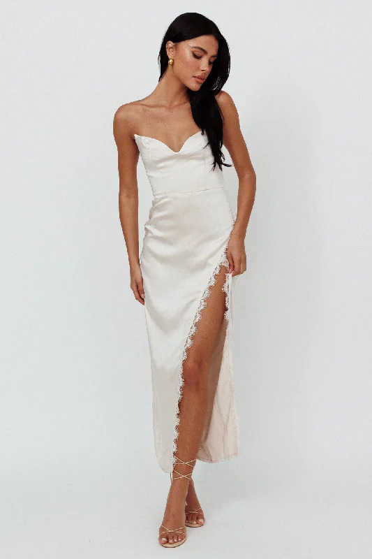 Midi dresses with mesh inserts for a trendy and breathable option Winter Moon Strapless Lace Trim Midi Dress Champagne Midi dresses with mesh inserts for a trendy and breathable option Winter Moon Strapless Lace Trim Midi Dress Champagne