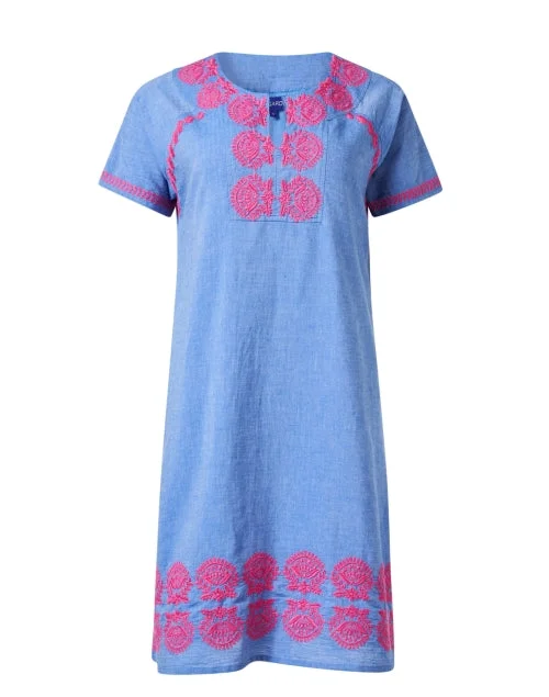 Everyday Dress with Peter - pan Collar for a Classic Look Norah Blue Chambray Embroidered Dress Everyday Dress with Peter - pan Collar for a Classic Look Norah Blue Chambray Embroidered Dress