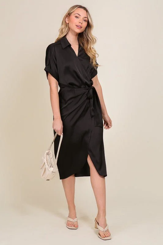 Midi dresses with sheer panels for a touch of allure Surplice Satin Wrap Dress