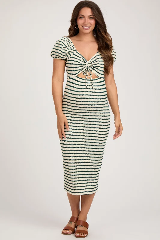 Maternity dress for a baby's first haircut Forest Green Striped Drawstring Ruched Front Maternity Midi Dress Maternity dress for a baby's first haircut Forest Green Striped Drawstring Ruched Front Maternity Midi Dress
