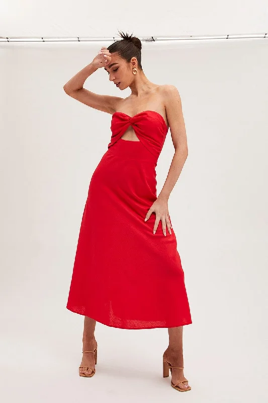 Midi dresses with belted waists to accentuate the figure Red Bandeau Dress Sleeveless Midi Sweetheart Midi dresses with belted waists to accentuate the figure Red Bandeau Dress Sleeveless Midi Sweetheart