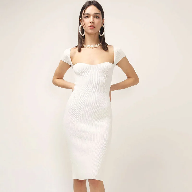 Midi dresses with button - front designs for a classic touch BerryBetty - Sweetheart Neck Cap Sleeve Ribbed Knit Bodycon Midi Dress - White Midi dresses with button - front designs for a classic touch BerryBetty - Sweetheart Neck Cap Sleeve Ribbed Knit Bodycon Midi Dress - White