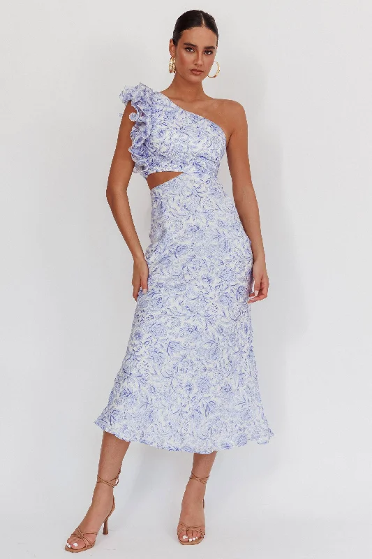 Midi dresses with one - shoulder designs for a modern and asymmetric style Deanna One-Shoulder Ruffle Midi Dress Floral Blue Midi dresses with one - shoulder designs for a modern and asymmetric style Deanna One-Shoulder Ruffle Midi Dress Floral Blue