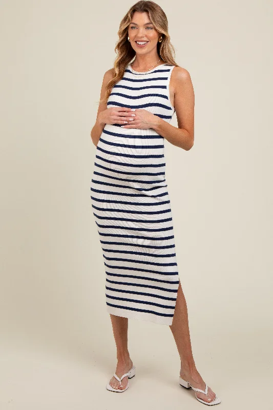 Maternity dress for a baby's first visit to the informal garden White Navy Striped Knit Sleeveless Side Slit Maternity Midi Dress Maternity dress for a baby's first visit to the informal garden White Navy Striped Knit Sleeveless Side Slit Maternity Midi Dress