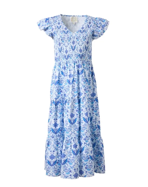 Casual Everyday Dress for Women in Cotton Blue and White Print Smocked Cotton Dress Casual Everyday Dress for Women in Cotton Blue and White Print Smocked Cotton Dress