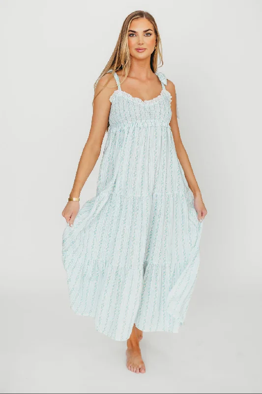 Midi dresses with polka dot prints for a playful summer outfit Vivienne Maxi Sundress in Ivory/Blue Floral