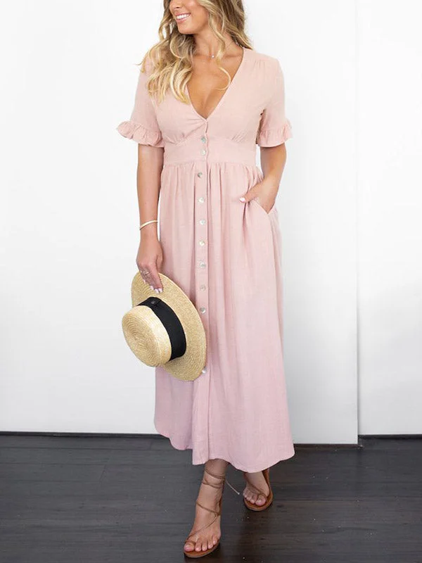 Midi dresses with halter necks for a stylish and comfortable option BerryBetty - Frill Trim Button Up Midi Dress Midi dresses with halter necks for a stylish and comfortable option BerryBetty - Frill Trim Button Up Midi Dress