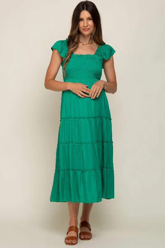 Maternity dress for a movie night out Green Satin Square Ruffle Neck Smocked Sleeveless Maternity Midi Dress Maternity dress for a movie night out Green Satin Square Ruffle Neck Smocked Sleeveless Maternity Midi Dress