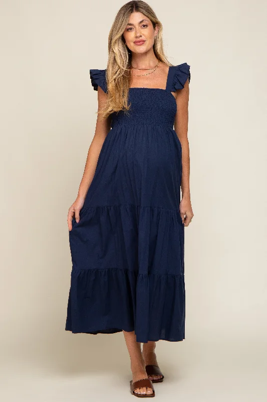 Maternity dress for a baby's first visit to the informal garden Navy Blue Sleeveless Tiered Maternity Maxi Dress Maternity dress for a baby's first visit to the informal garden Navy Blue Sleeveless Tiered Maternity Maxi Dress