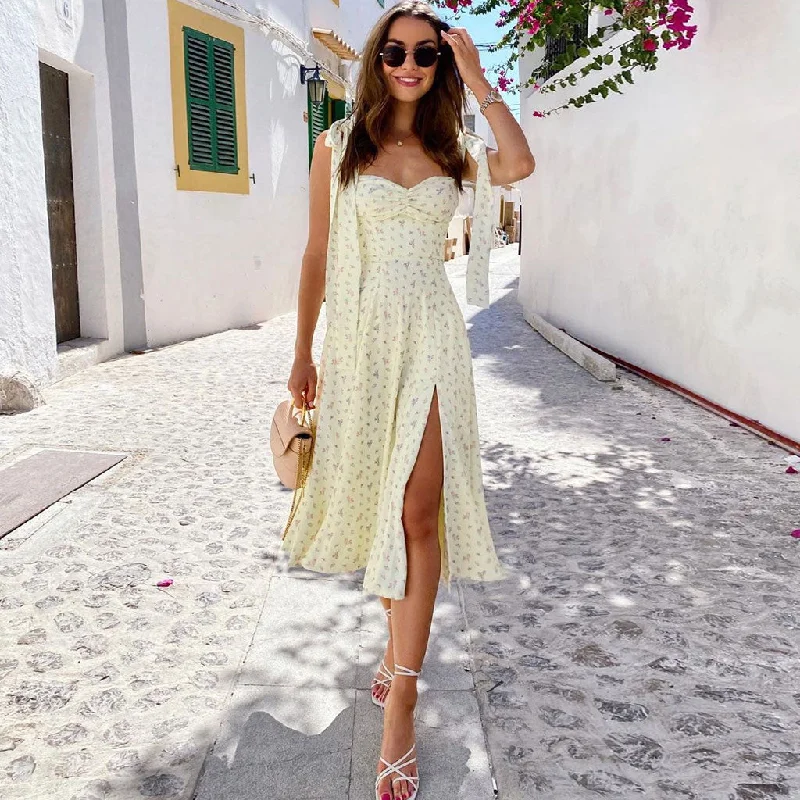 Midi dresses with asymmetric hems for a fashion - forward and dynamic appearance BerryBetty - Adorable Daisy Printed High Slit A-Line Slip Midi Sundress - Yellow