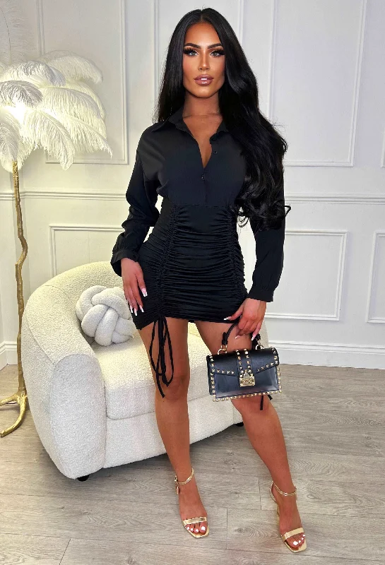  Be Your Baby Black Ruched Skirt Shirt Dress