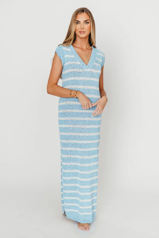 Midi dresses with lace - up fronts for a unique and adjustable style Maria Knit Maxi Dress in Blue/Off-White Midi dresses with lace - up fronts for a unique and adjustable style Maria Knit Maxi Dress in Blue/Off-White
