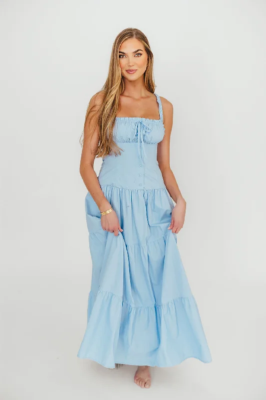 Midi dresses with ruffled hems for a romantic date night Sutton Corset Button Down Tiered Maxi Dress in Light Blue Midi dresses with ruffled hems for a romantic date night Sutton Corset Button Down Tiered Maxi Dress in Light Blue