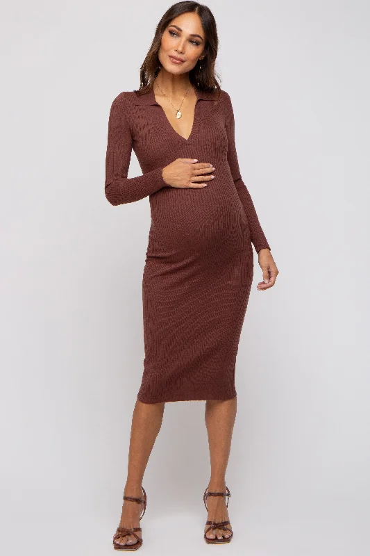 Maternity dress for home - based moms Brown Ribbed Knit Fitted Maternity Dress