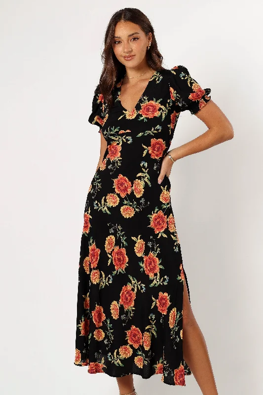 Midi dresses with asymmetric hems for a fashion - forward and dynamic appearance Christine Midi Dress - Sunset Floral Midi dresses with asymmetric hems for a fashion - forward and dynamic appearance Christine Midi Dress - Sunset Floral