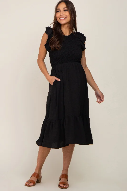Maternity dress for a baby's first visit to the rose garden Black Smocked Layered Ruffle Flutter Sleeve Maternity Midi Dress Maternity dress for a baby's first visit to the rose garden Black Smocked Layered Ruffle Flutter Sleeve Maternity Midi Dress