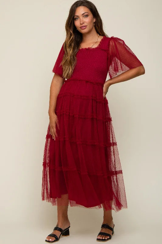 Maternity dress for a picnic in the park Burgundy Ruffled Mesh Maternity Maxi Dress