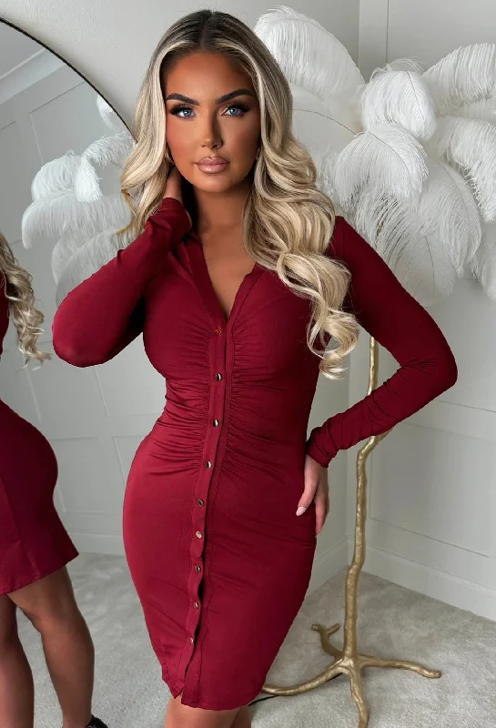  Ruched Forever Burgundy Ruched Front Shirt Dress