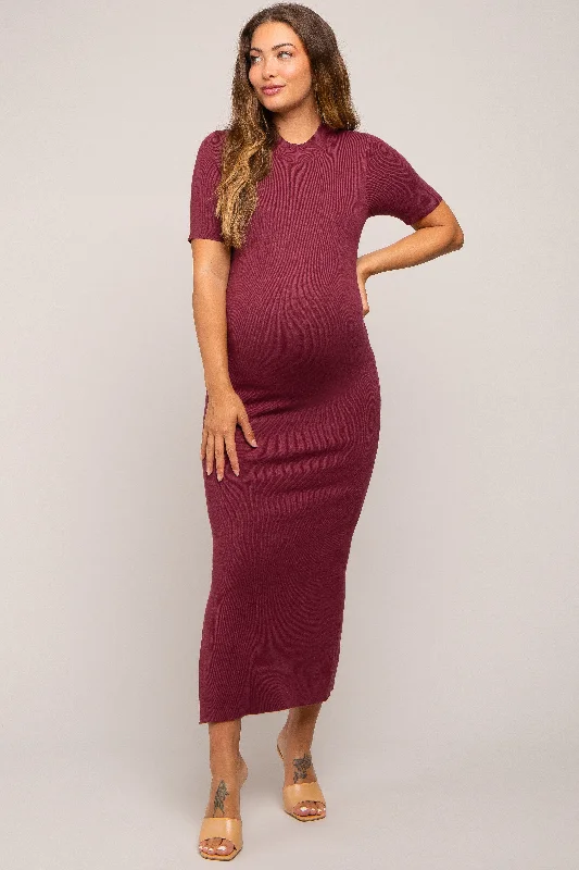 Maternity dress for a baby's first visit to the brewery Burgundy Knit Fitted Mock Neck Maternity Midi Dress Maternity dress for a baby's first visit to the brewery Burgundy Knit Fitted Mock Neck Maternity Midi Dress