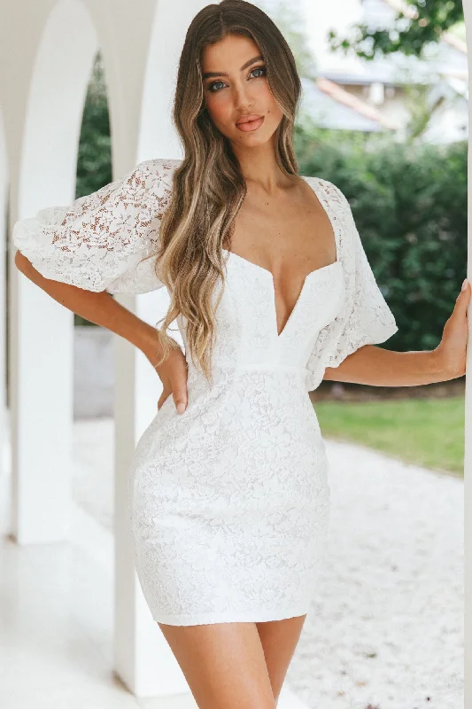 Mini dresses with off - the - shoulder styles Good Vibes Puff Sleeve Deep V-Neckline Lace Mini Dress White Mini dresses with off - the - shoulder styles Good Vibes Puff Sleeve Deep V-Neckline Lace Mini Dress White